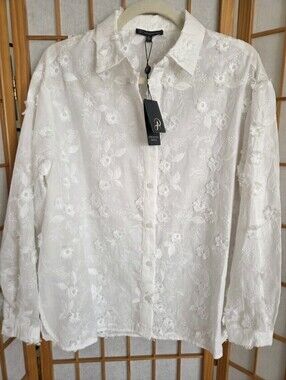 NWT WOMENS ADRIANNA PAPELL CROCHETED 3D FLOWERS WHITE 100% COTTON BLOUSE LARGE